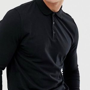 ASOS Design Long Sleeve Jersey Polo Black M Slim
